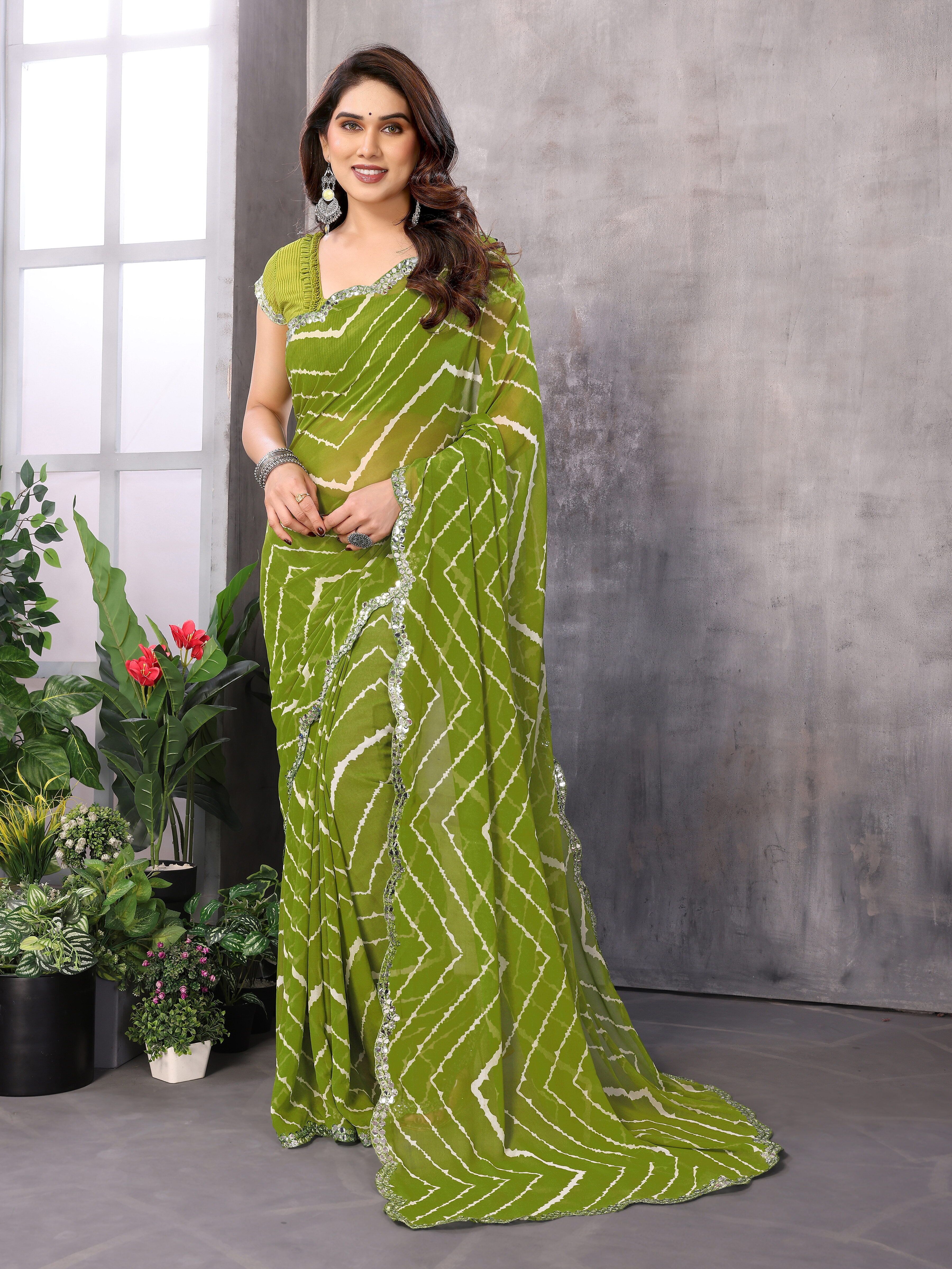 Striped, Embellished Leheria Georgette Saree-image-4