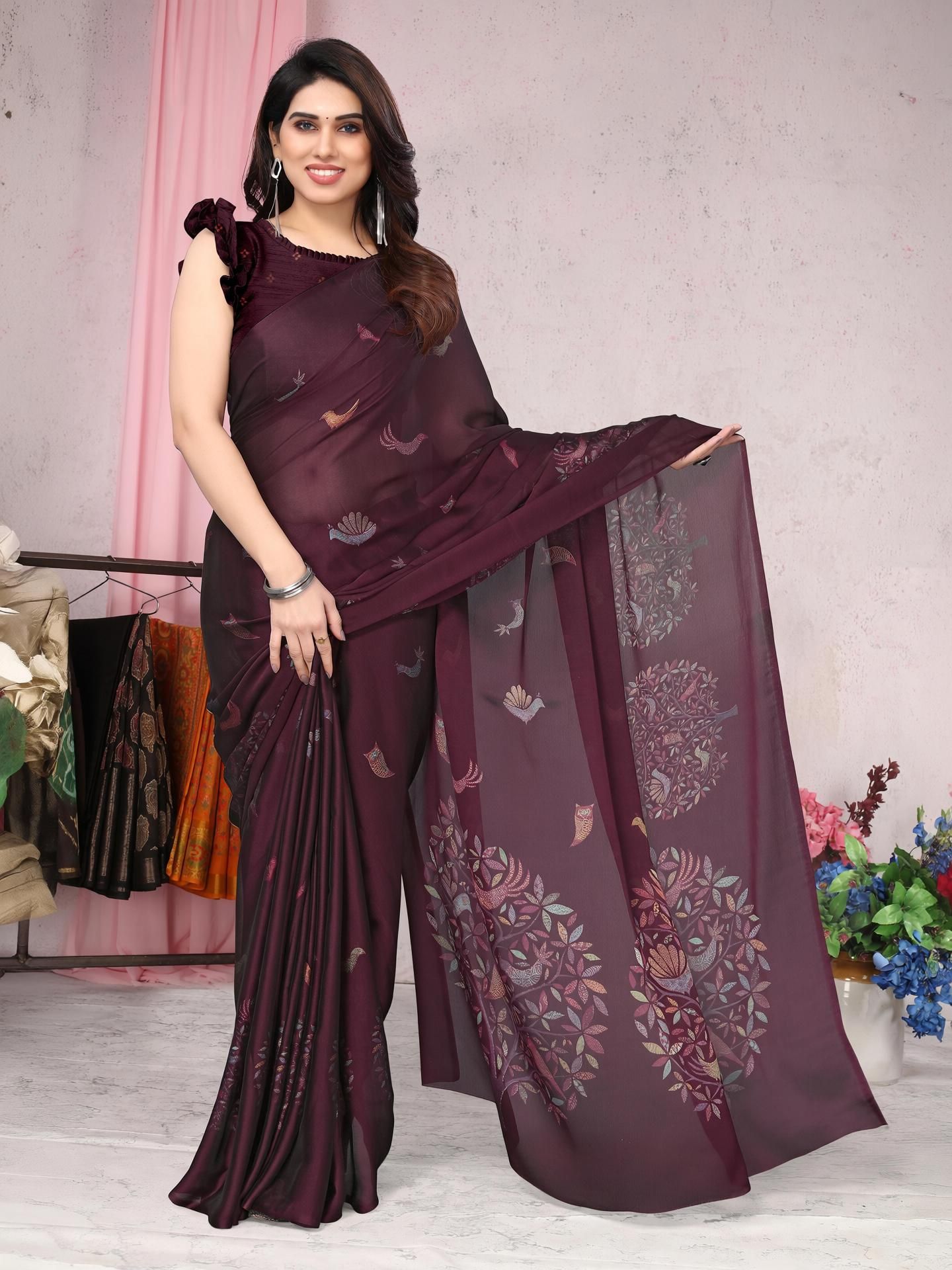 Solid/Plain, Embellished Daily Wear Chiffon, Georgette Saree-image-48