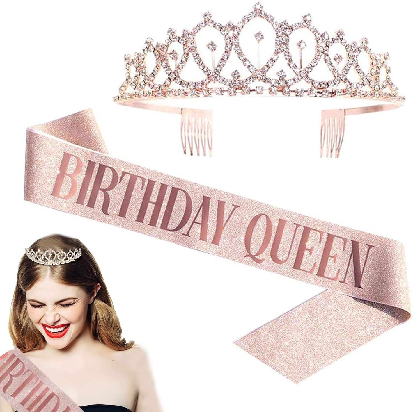 Birthday Tiara and Sash Set, Women Girls Birthday Glitter Crown (MULTI COLOR)