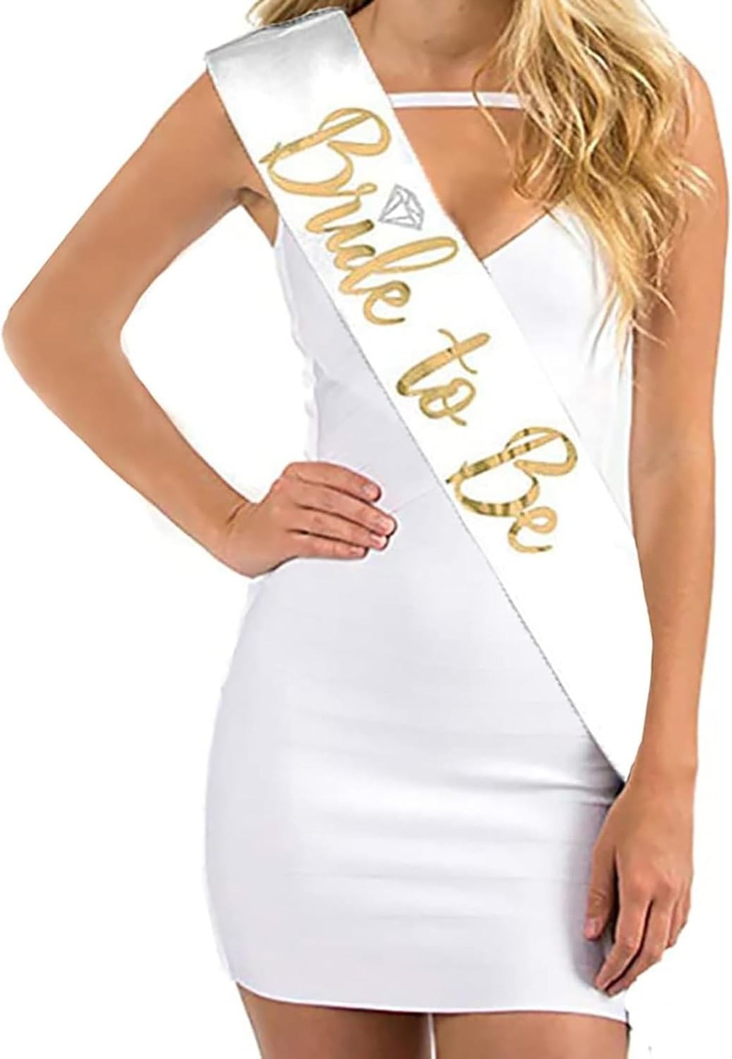 zyozique 1 Pc Bride To Be Sash, Bachelorette Party Sash White Satin with Gold Letter Sash-picture-12
