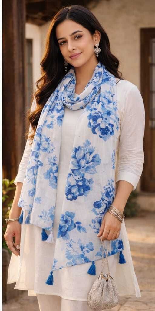 Printed Pure Cotton Women White, Blue Stole, Scarf, Faux Turtleneck Neck Cover-image-49