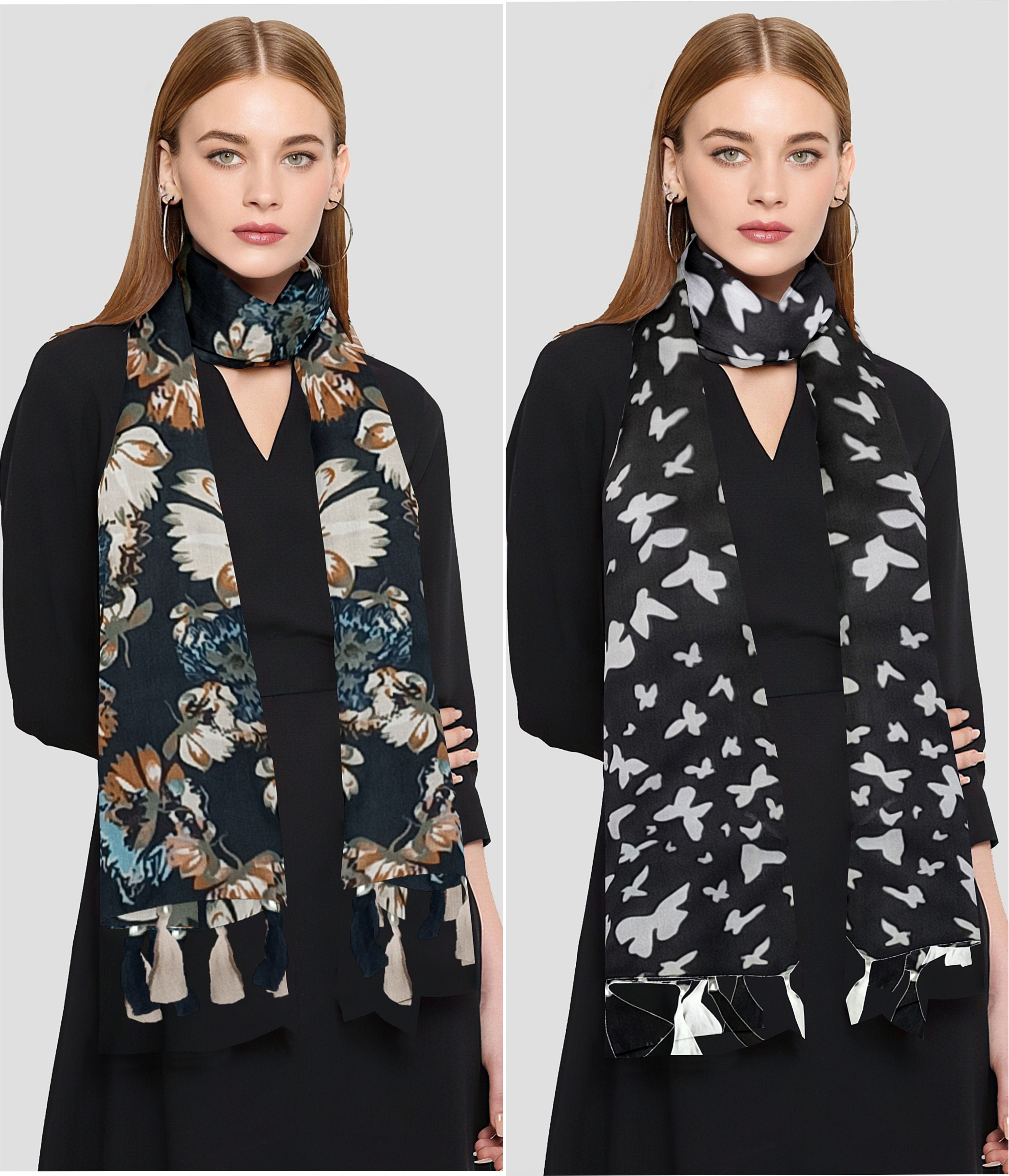 Printed Chiffon Women Black Scarf, Stole, Fancy Scarf-image-45