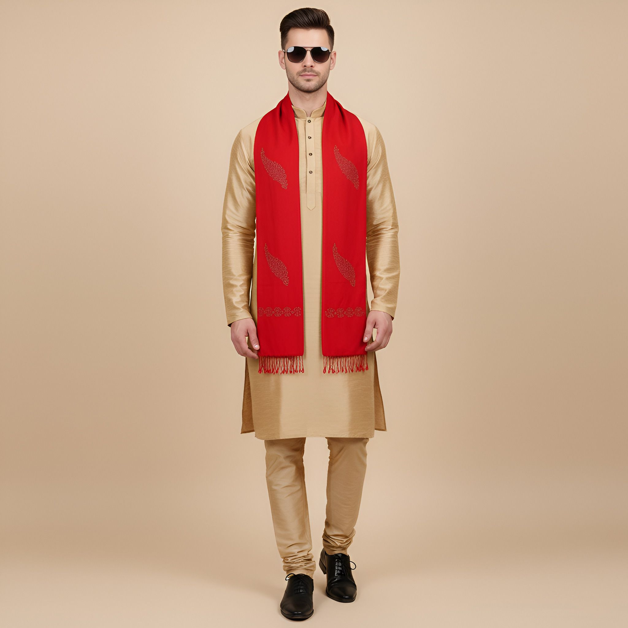 Floral Print Pure Wool Men Red Stole-image-30