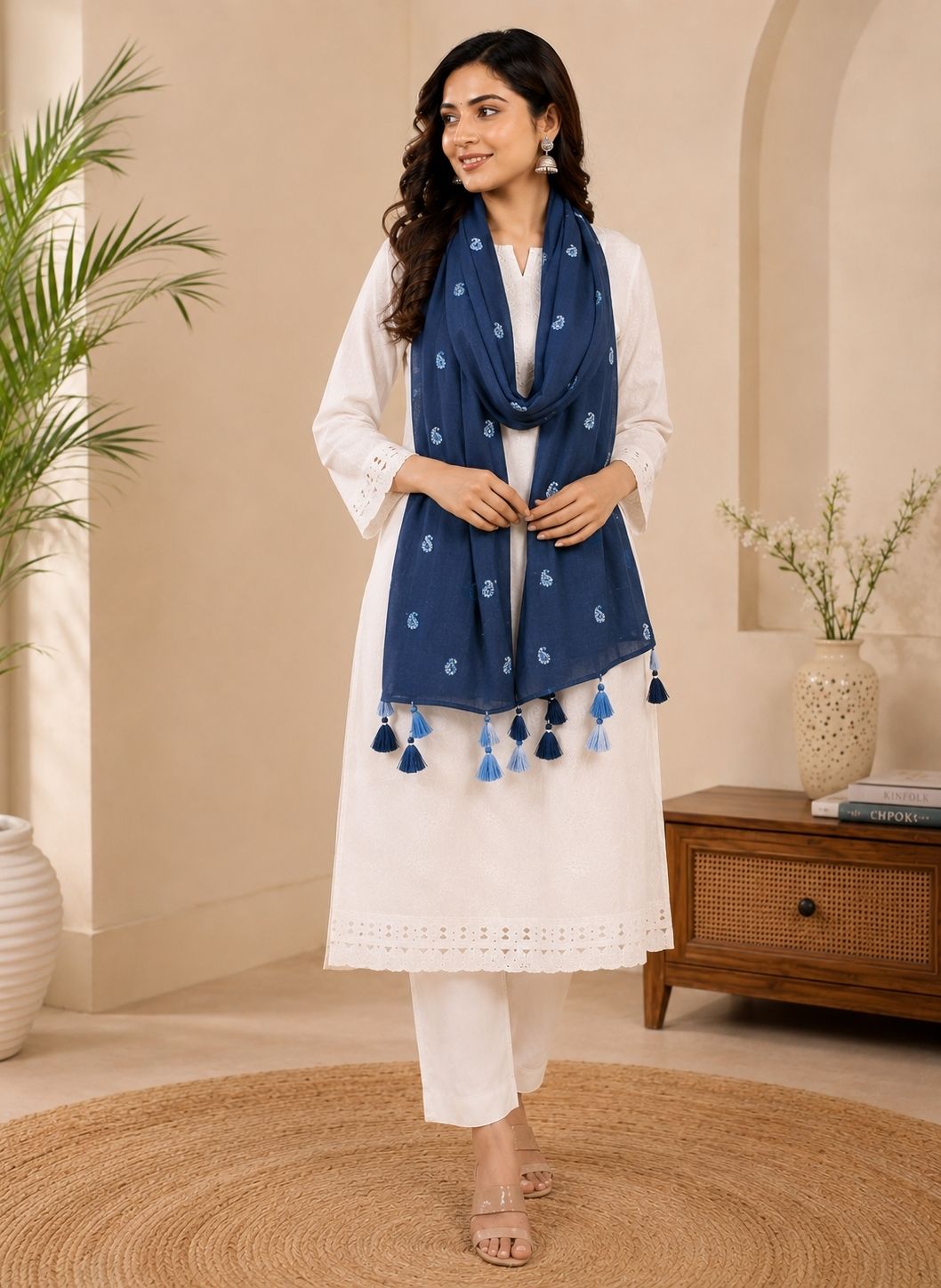Printed Pure Cotton Women Blue Faux Turtleneck Neck Cover, Scarf, Fancy Scarf, Stole-image-42