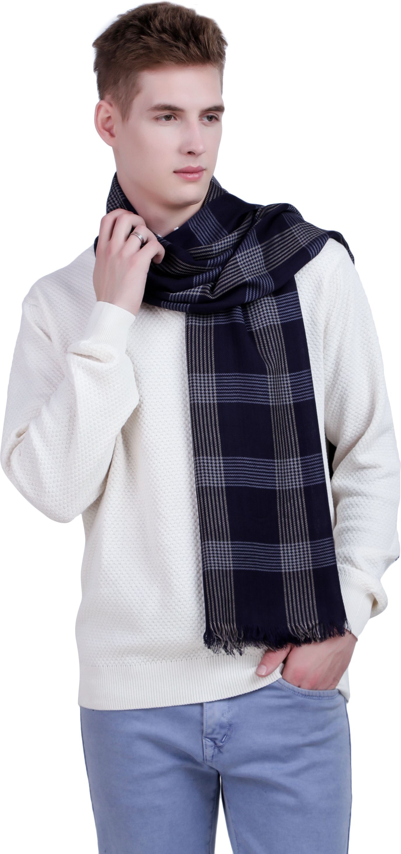 Checkered Viscose Men Dark Blue, Beige Stole, Scarf, Fancy Scarf