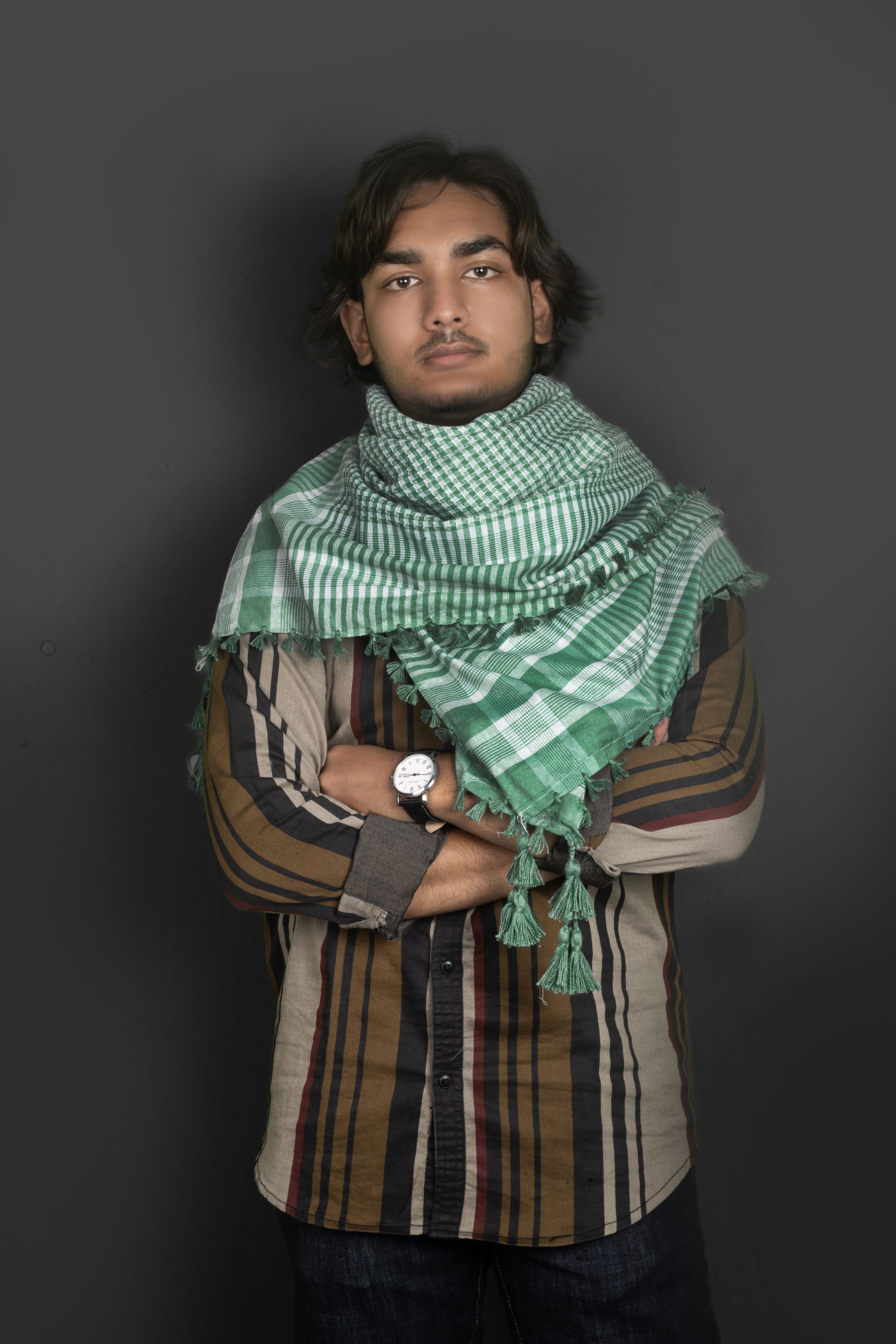 Checkered Cotton Blend Men Green Scarf