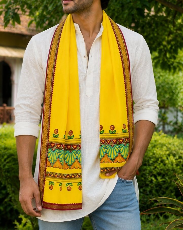 Self Design Pure Cotton Men Multicolor, Orange, White, Yellow Scarf-image-44