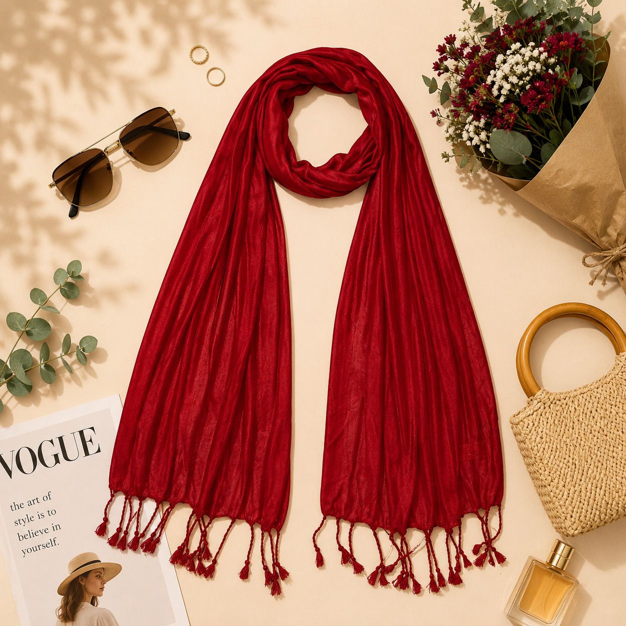 fabricium Solid Rayon Women Red Scarf, Stole-picture-16