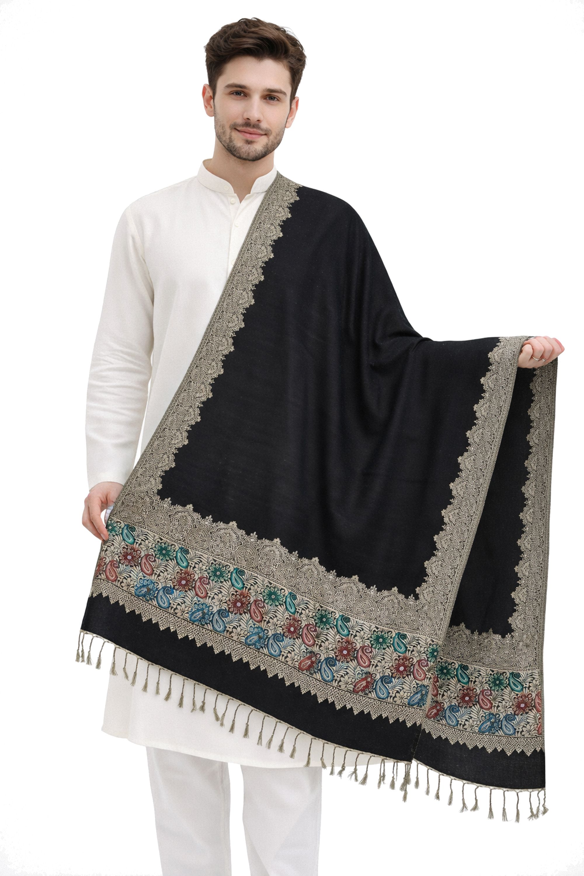 Floral Print Wool Blend Men Black Stole