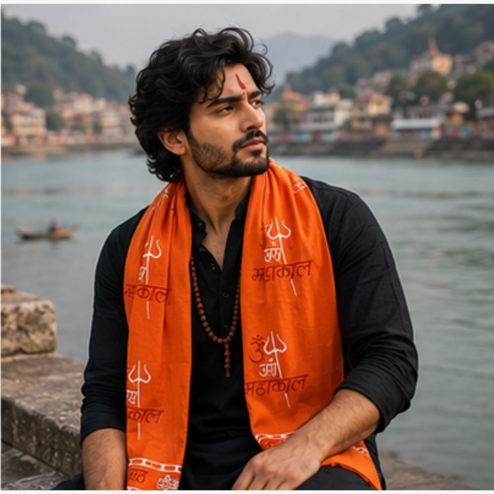 fabricium Printed, Self Design Pure Cotton Men Orange Scarf, Stole-picture-1