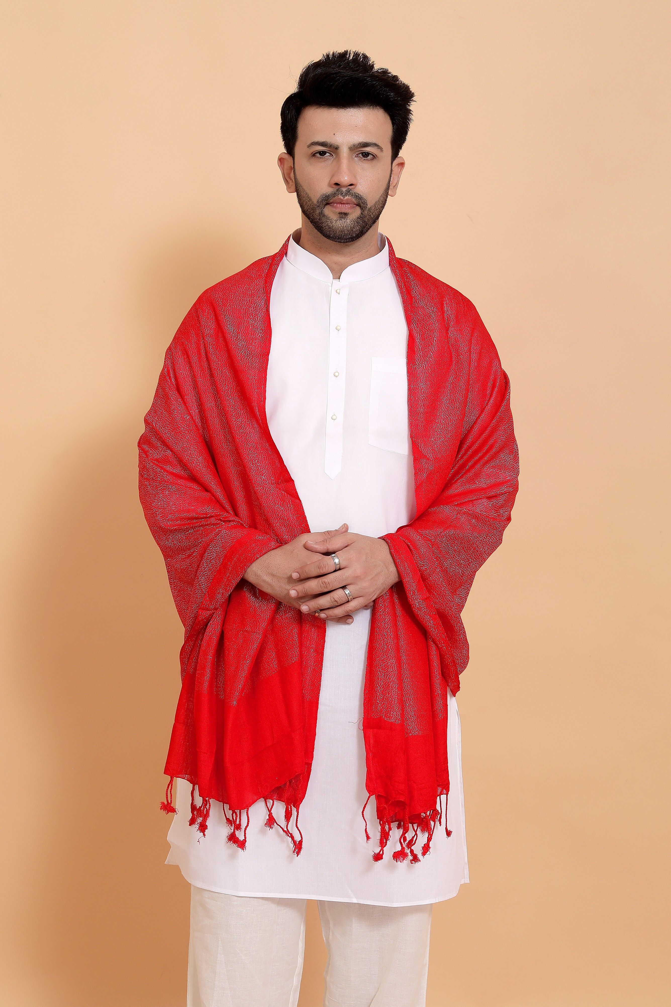 house of common Embroidered Viscose Men Red Scarf-picture-29