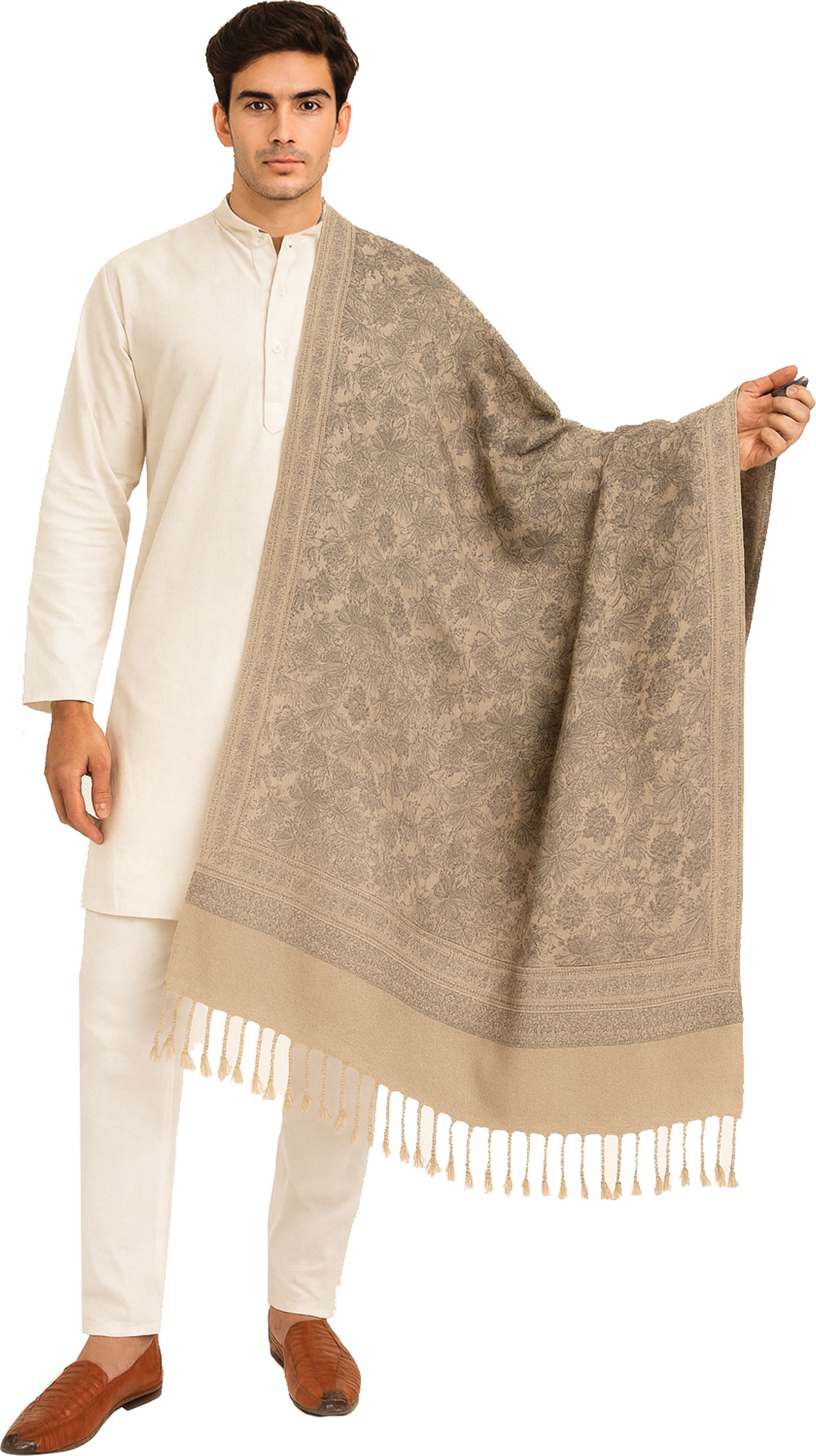 Floral Print Wool Blend Men Beige Stole