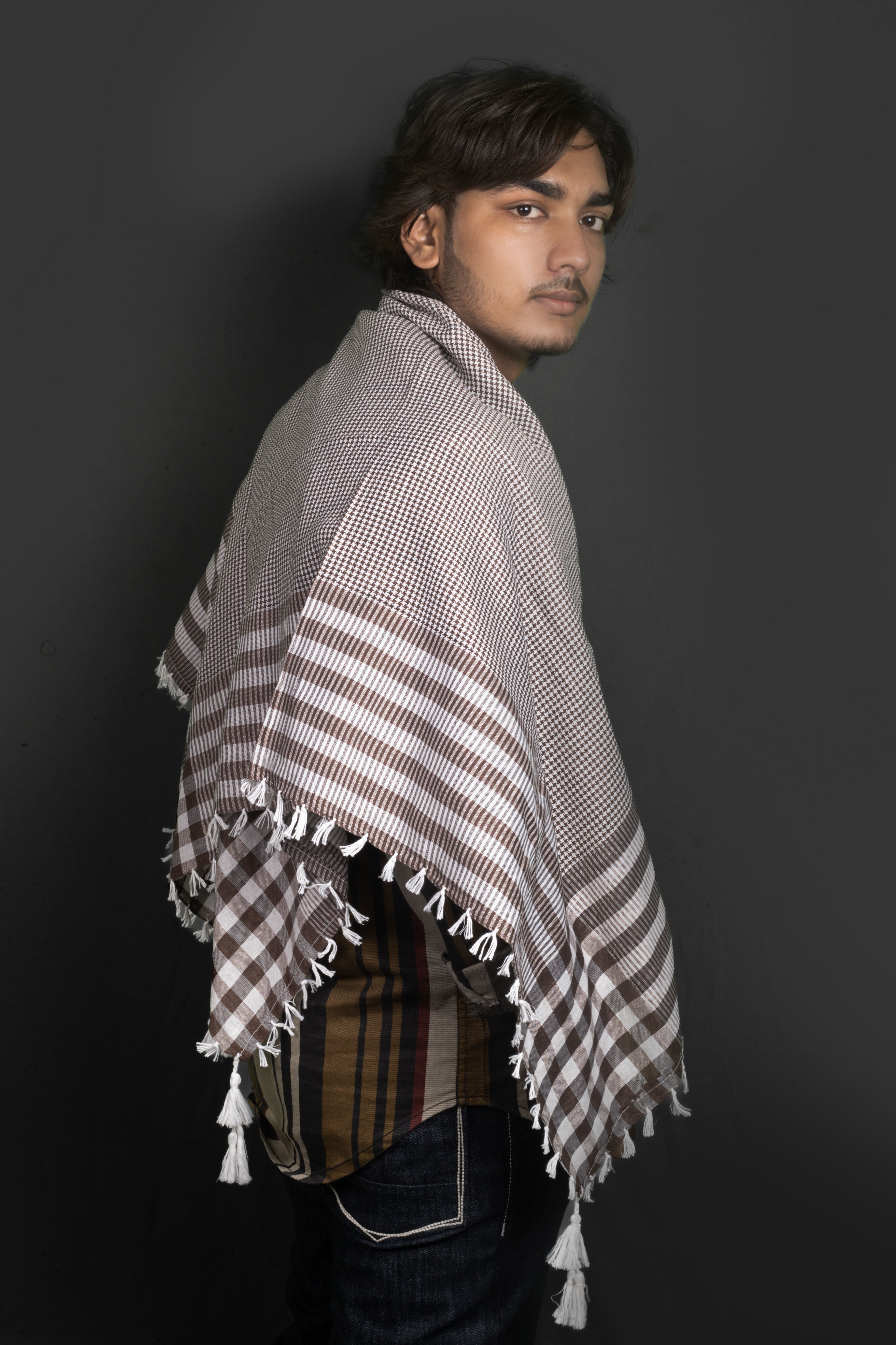 Checkered Cotton Blend Men Brown Scarf