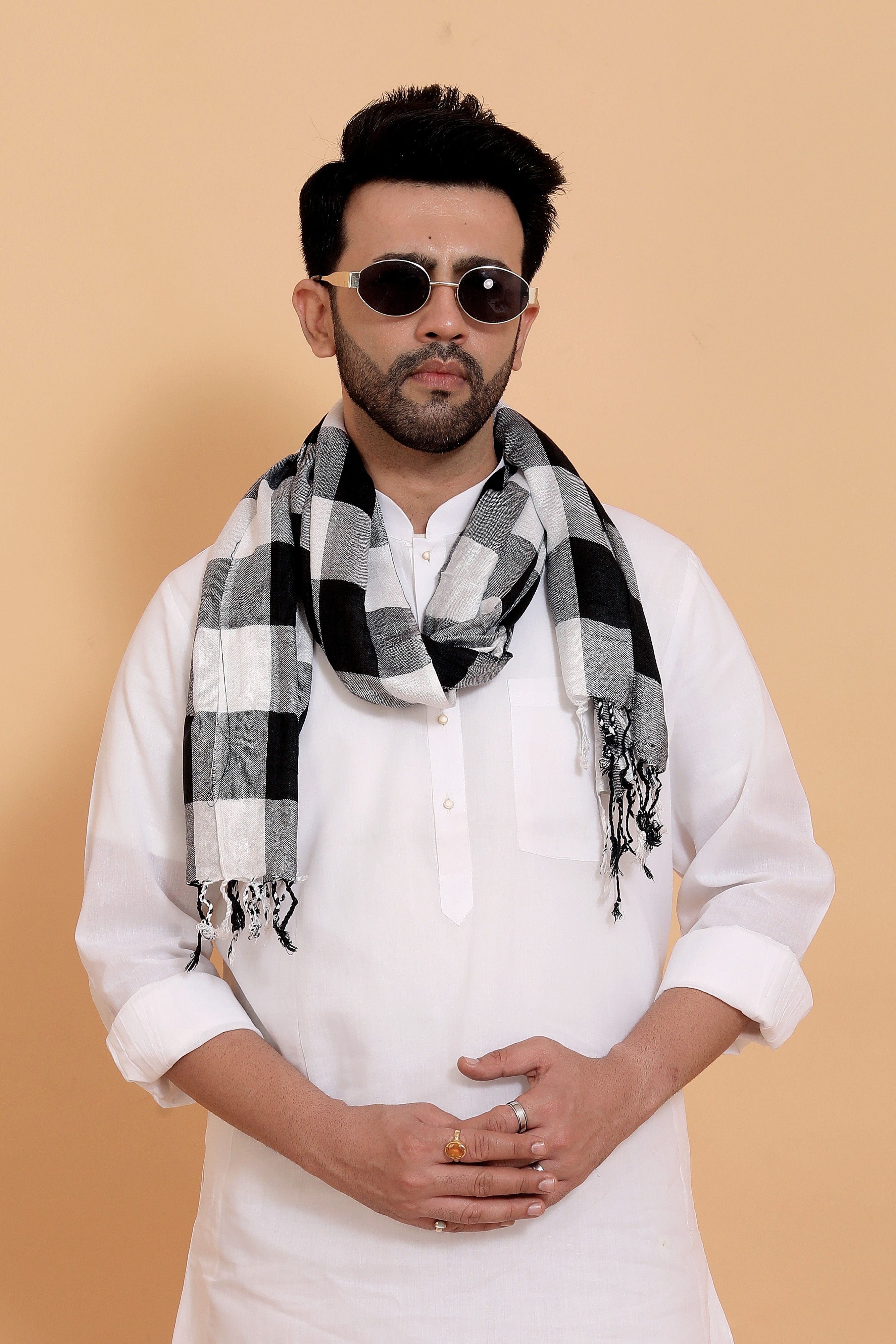 ebadat Checkered Cotton Blend Men Black, White Scarf-picture-40