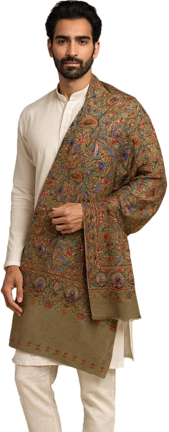Floral Print Wool Blend Men Green Stole-image-12