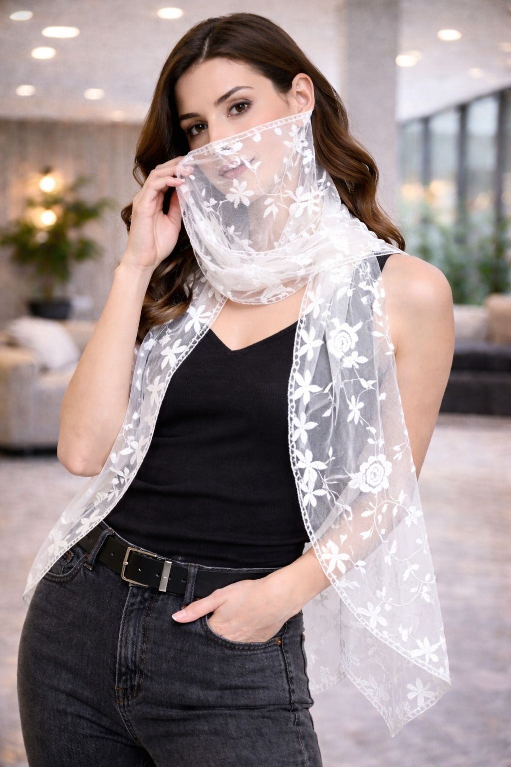 Embroidered Cotton Blend Women White Fancy Scarf, Stole, Scarf