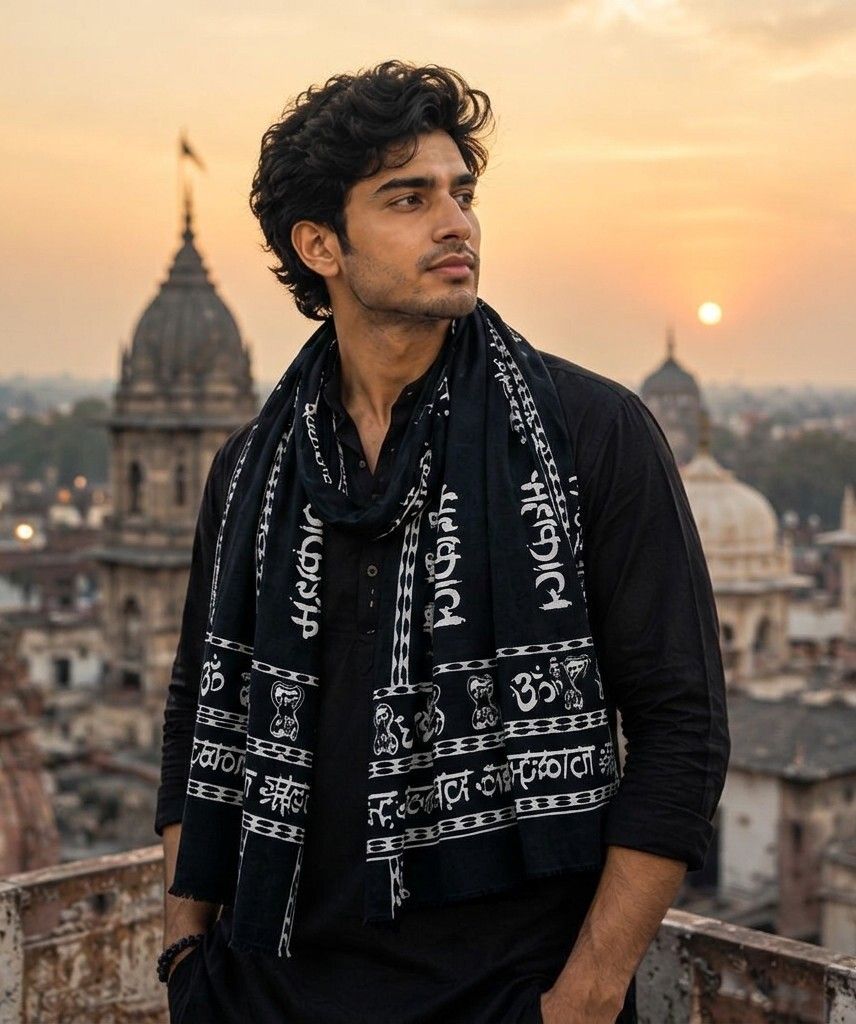fabricium Printed, Self Design Pure Cotton Men Black Scarf, Stole-picture-30