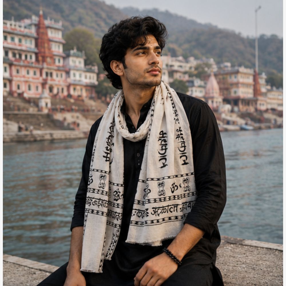 fabricium Printed, Self Design Pure Cotton Men White Scarf, Stole-picture-6