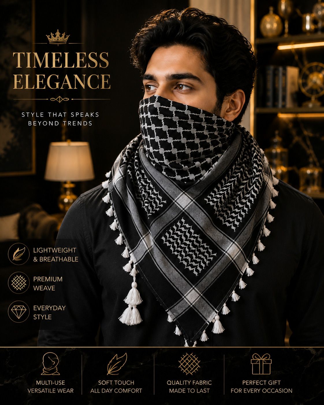 Embroidered Cotton Blend Men Black Scarf-image-25