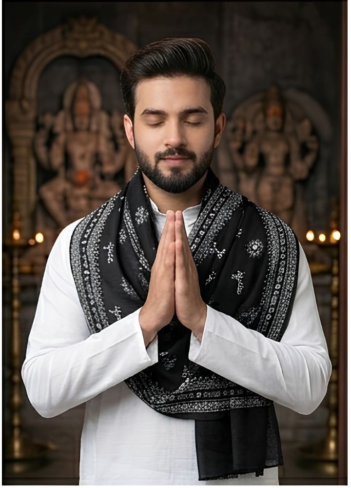 fabricium Printed, Self Design Pure Cotton Men Black Scarf, Stole-picture-23