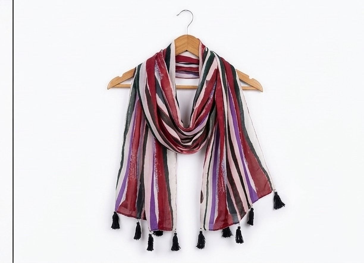 Striped Chiffon Women Maroon, Red, White, Purple, Dark Blue Stole-image-22