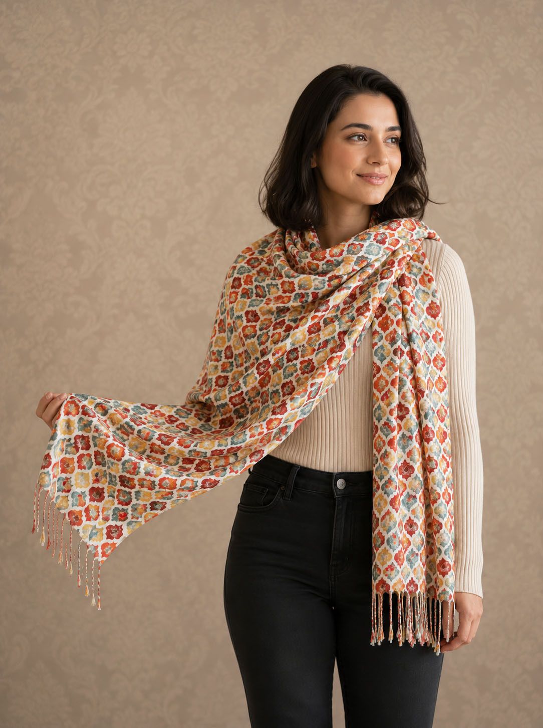 scarf factory Geometric Print, Printed Viscose Women Orange Fancy Scarf, Scarf, Stole, Faux Turtleneck Neck Cover-picture-25