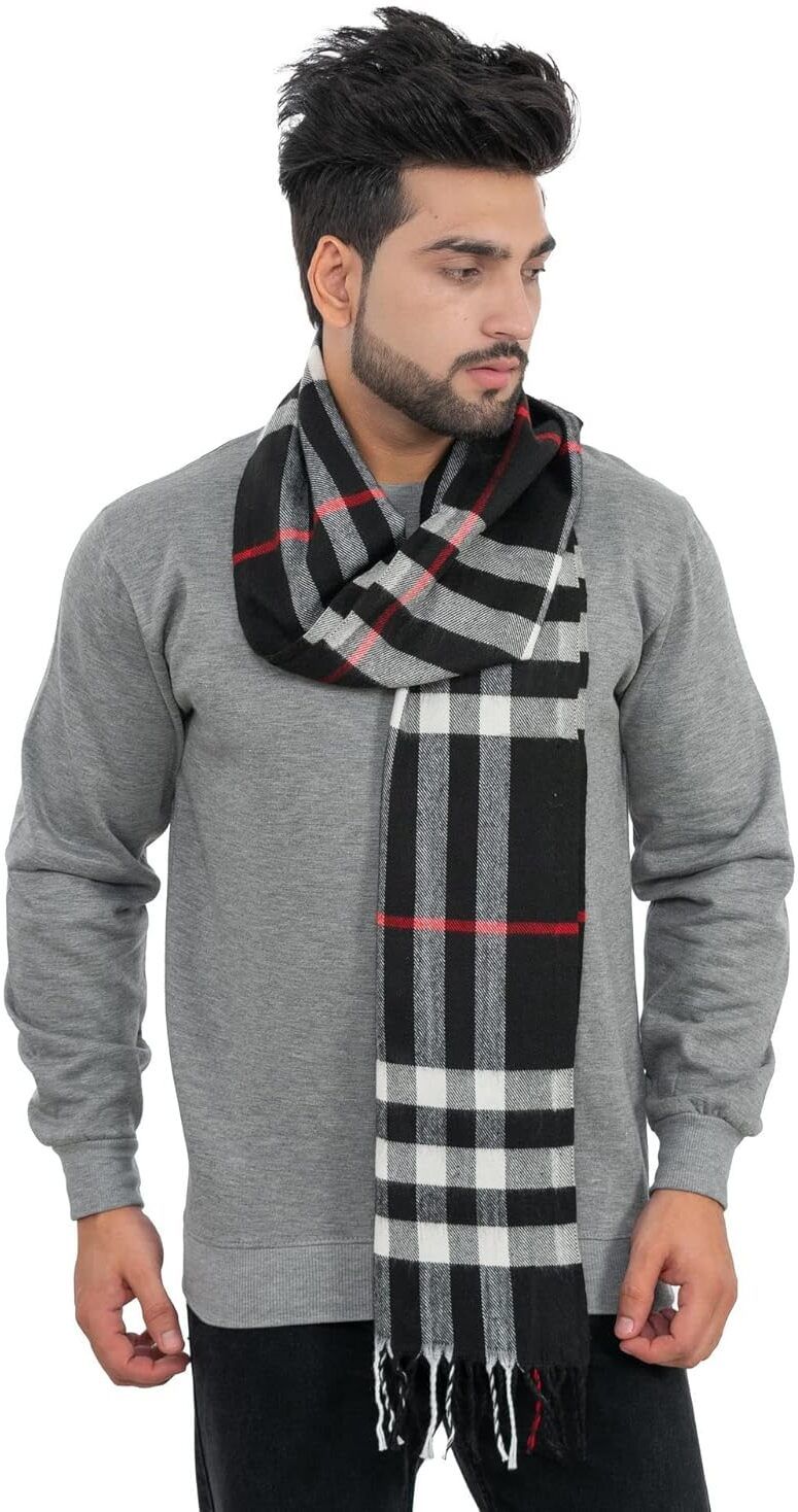 Checkered Pure Wool Men Black Scarf