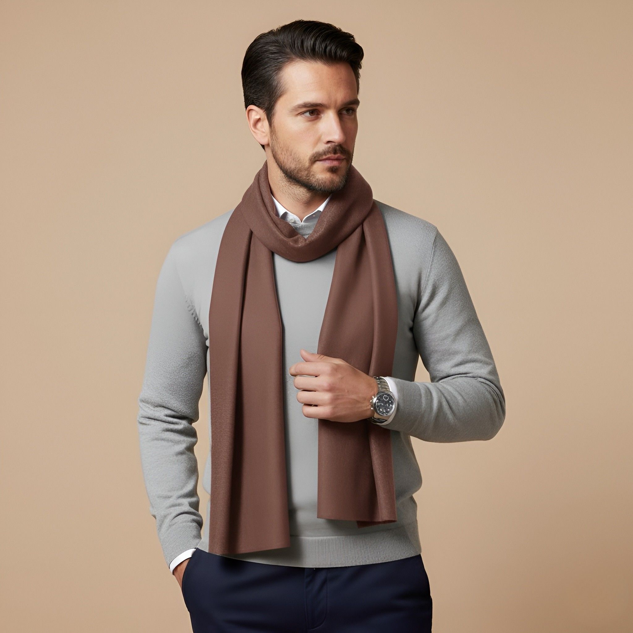 Solid Pure Wool Men Brown Stole-image-45