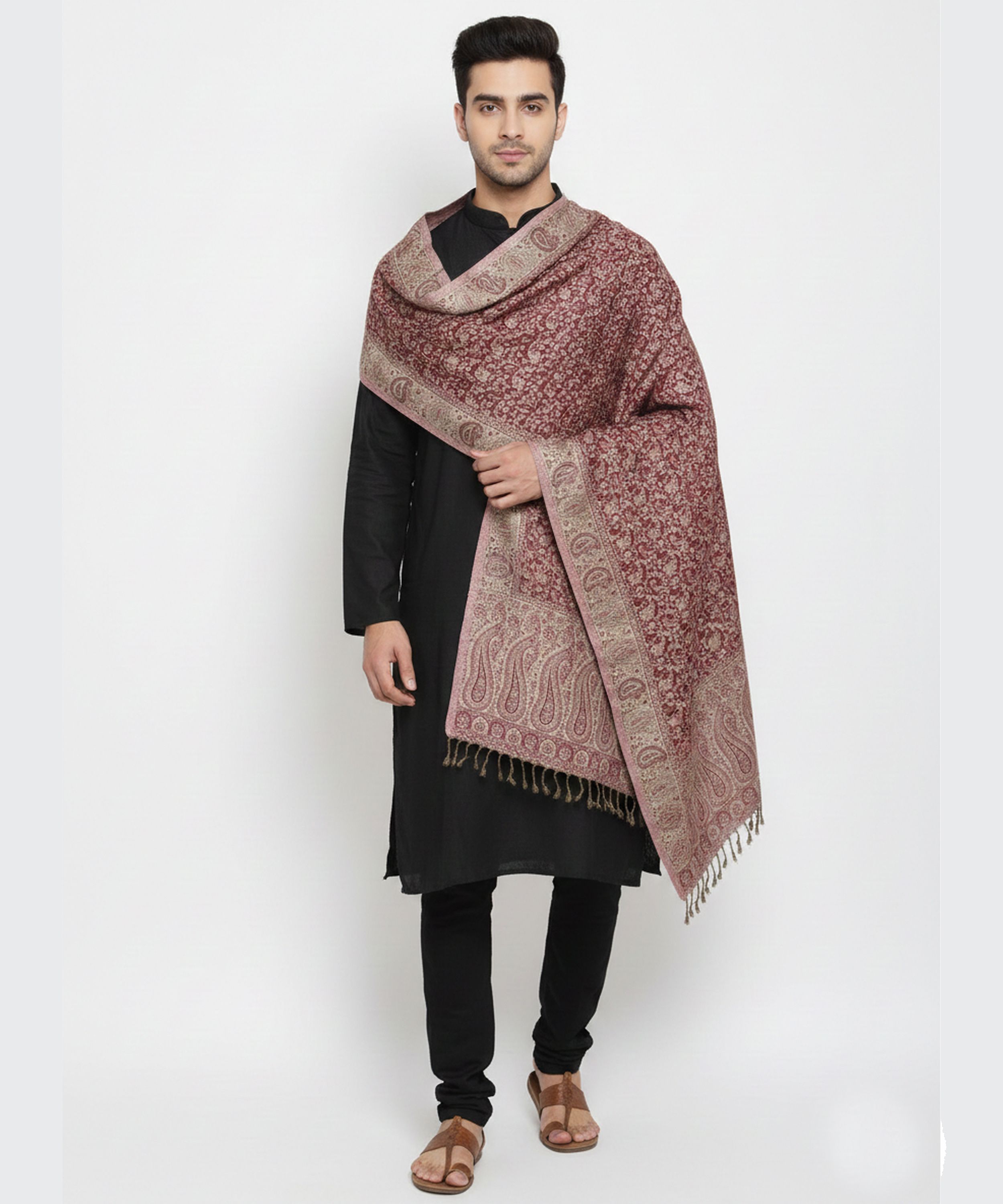 Floral Print Wool Blend Men Maroon Stole-image-10