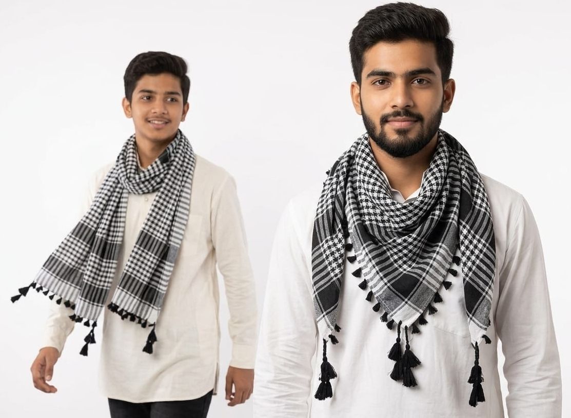 accessoryhub Checkered Cotton Blend Men Black, White Scarf-picture-12