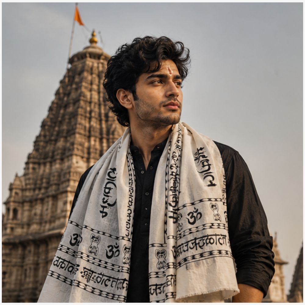 fabricium Printed, Self Design Pure Cotton Men White Scarf, Stole-picture-5