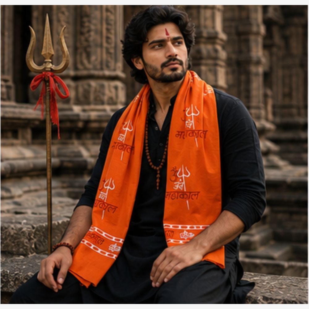 fabricium Printed, Self Design Pure Cotton Men Orange Scarf, Stole-picture-30