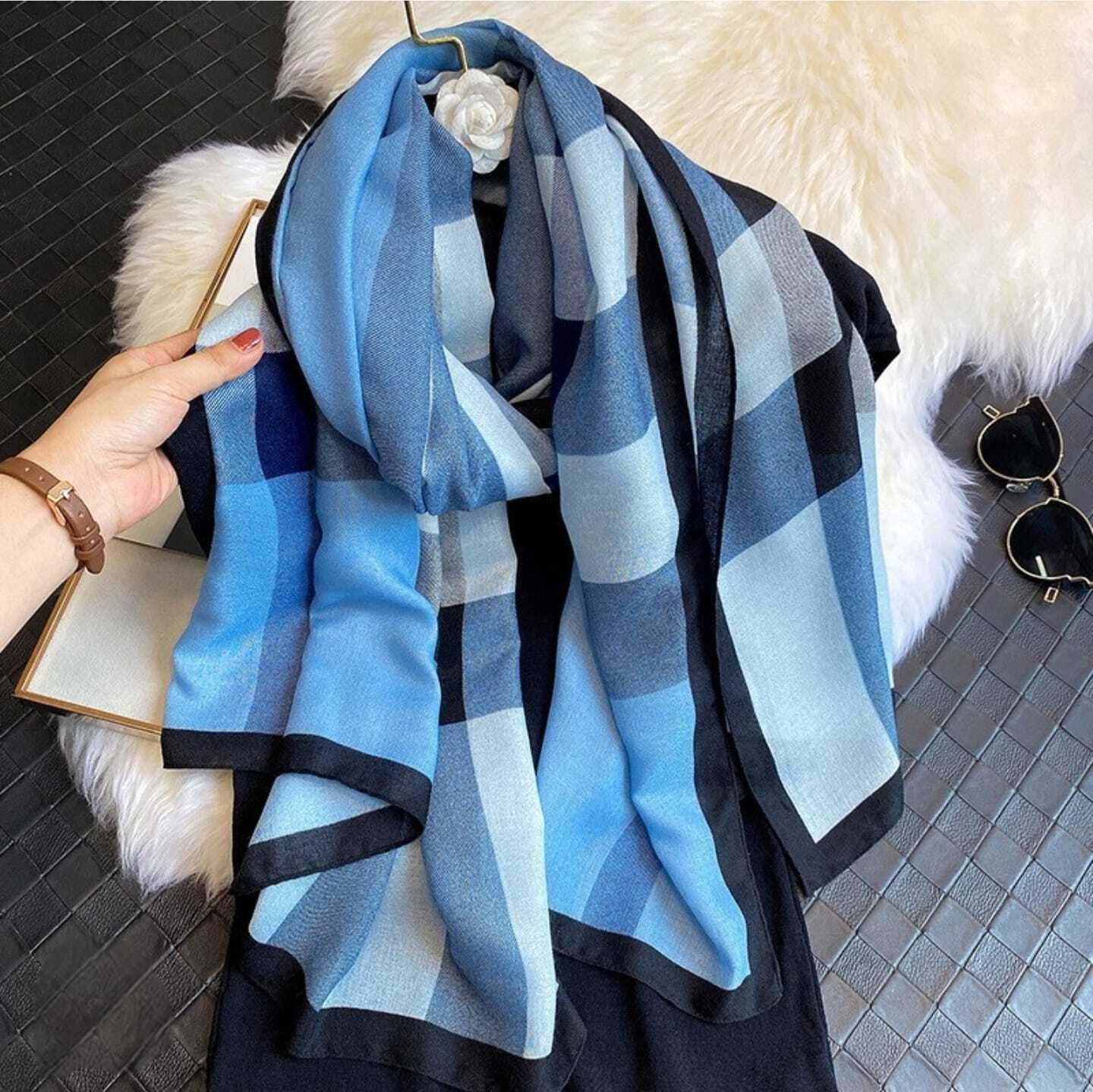 Checkered Viscose Women Light Blue Fancy Scarf, Faux Turtleneck Neck Cover, Stole, Bluetooth Scarf-image-13