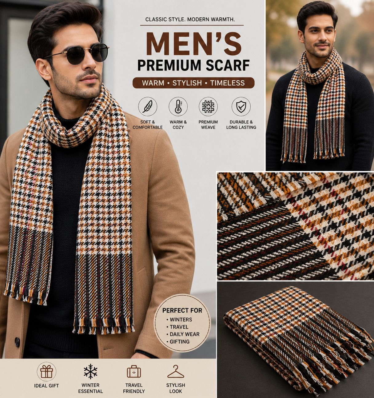 Checkered Acrylic Men Brown, Black, Beige Fancy Scarf, Scarf, Stole-image-40