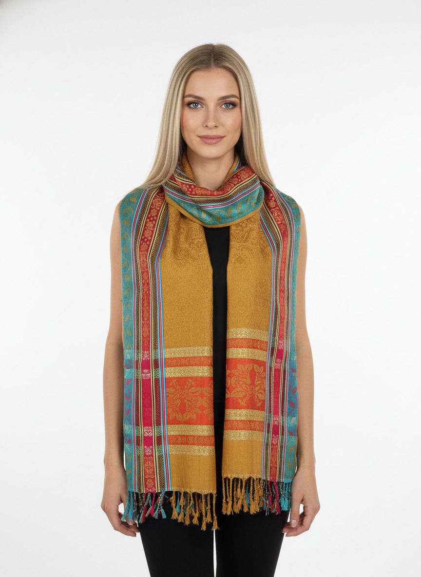 sablooms Striped Viscose Women Yellow, Red, Dark Blue Fancy Scarf, Scarf, Stole-picture-18