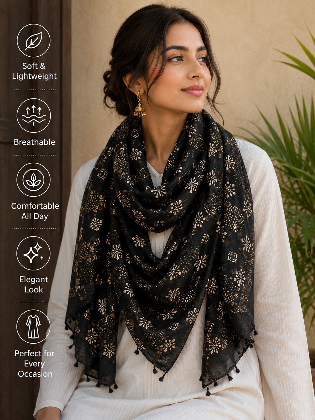 Printed, Self Design Pure Cotton Women Gold, Black Faux Turtleneck Neck Cover, Scarf, Bluetooth Scarf, Fancy Scarf, Stole-image-7