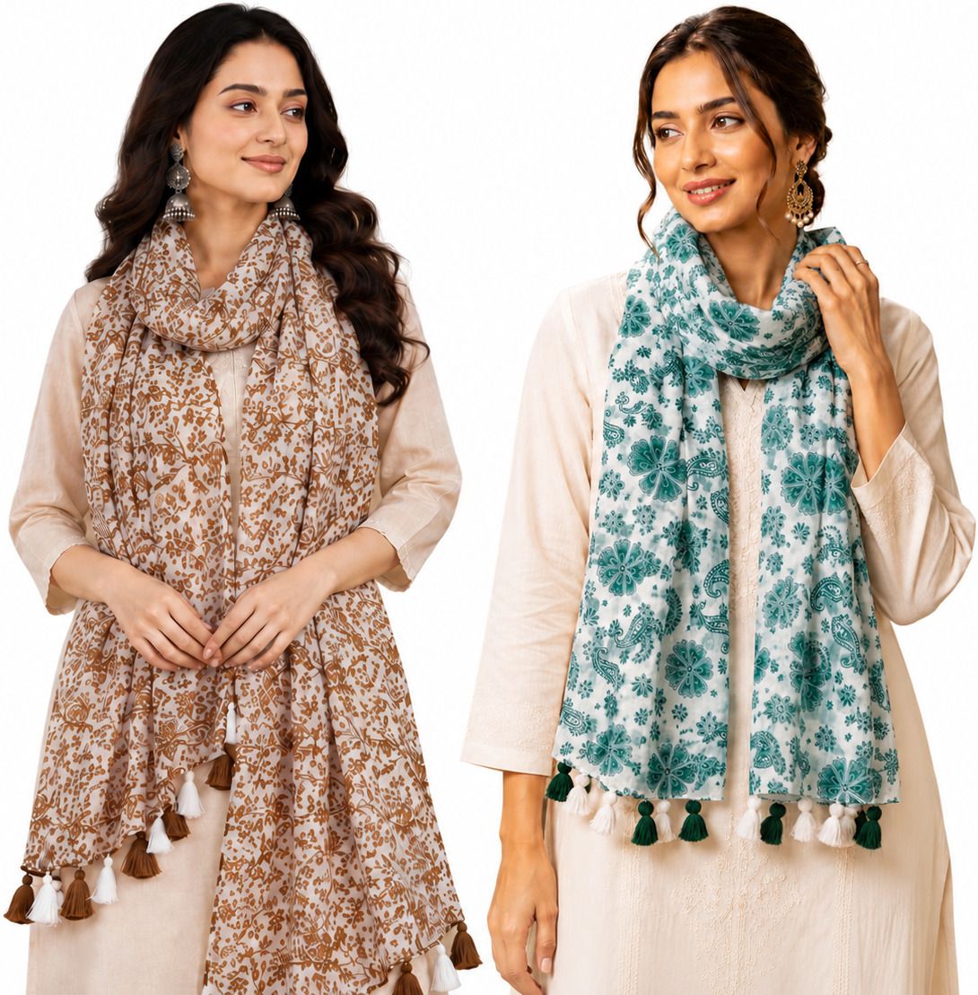 rangmang fashion Floral Print, Geometric Print Pure Cotton Women Brown, Dark Green Faux Turtleneck Neck Cover, Fancy Scarf, Scarf, Stole-picture-21