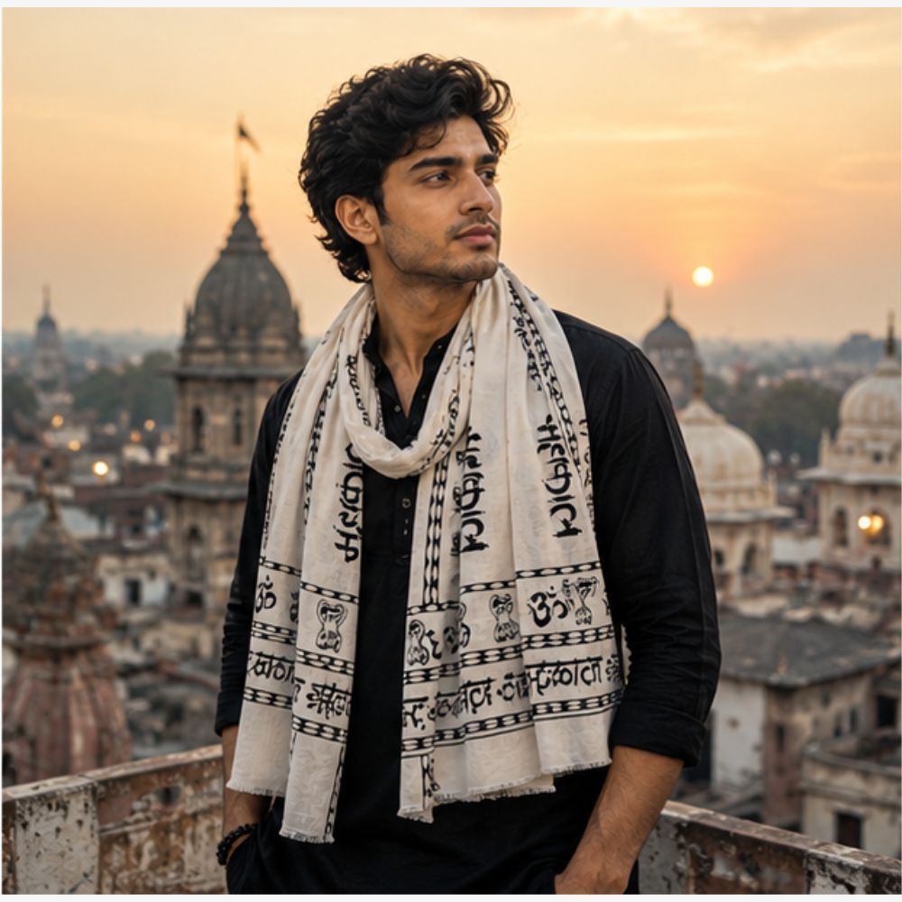 fabricium Printed, Self Design Pure Cotton Men White Scarf, Stole-picture-8