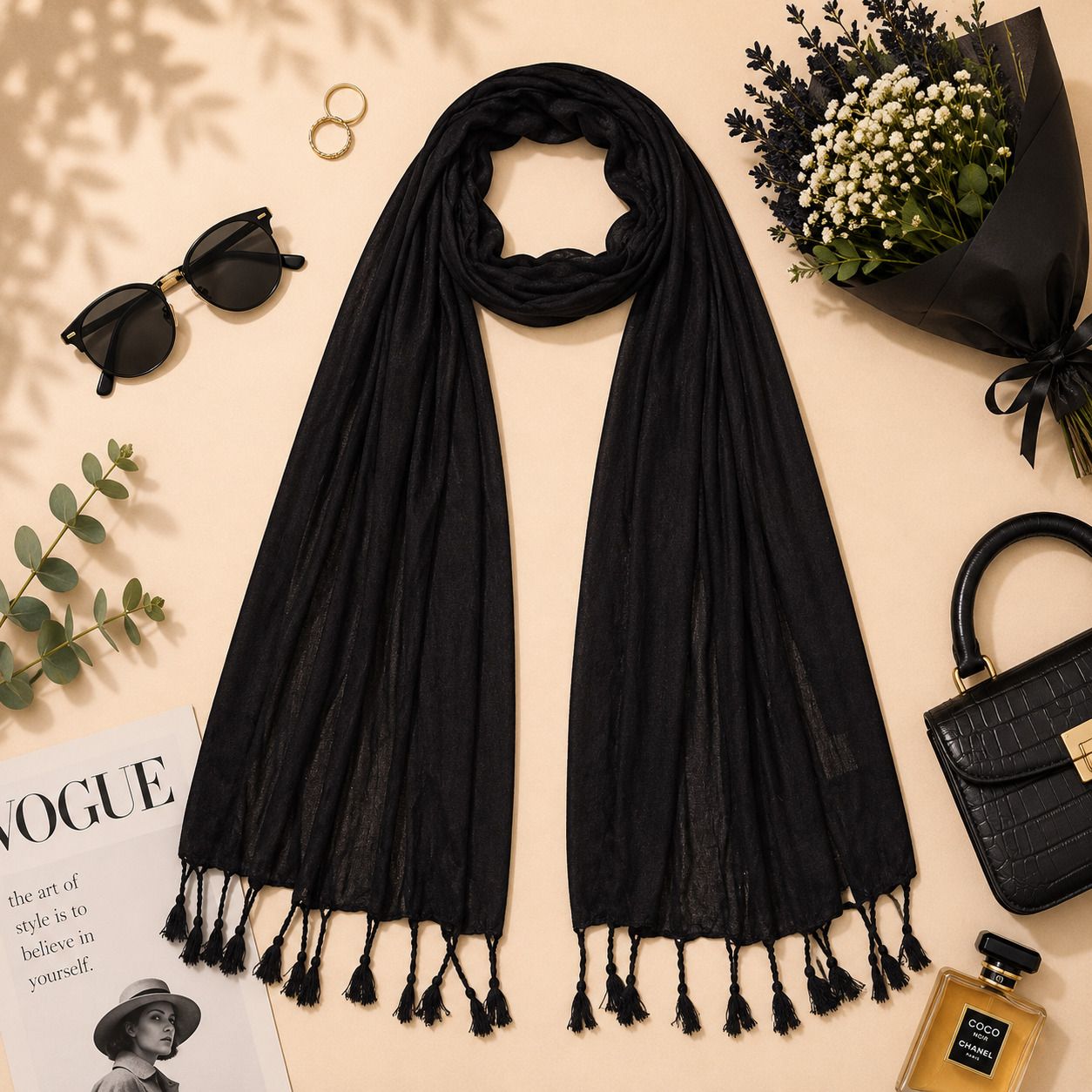 fabricium Solid Rayon Women Black Scarf, Stole-picture-10