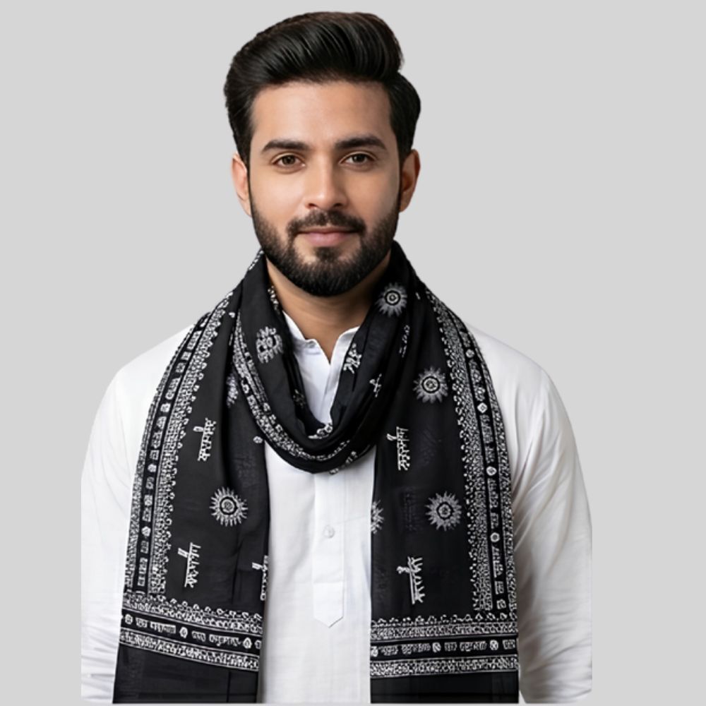 fabricium Printed, Self Design Pure Cotton Men Black Scarf, Stole-picture-7