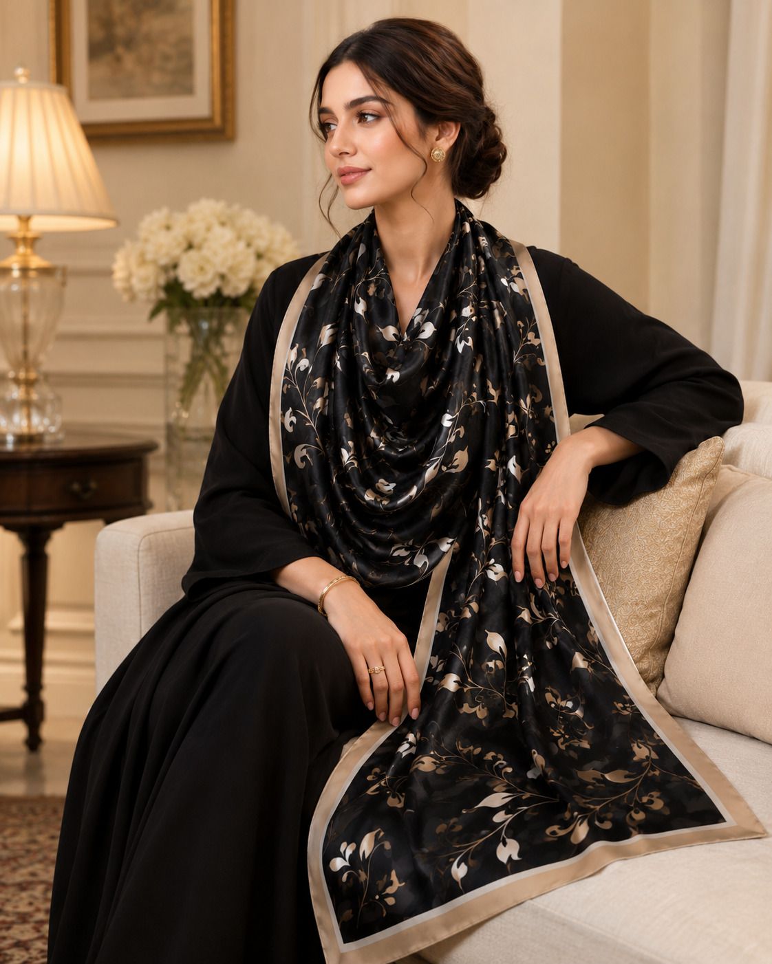 Printed Silk Women Black Fancy Scarf-image-24