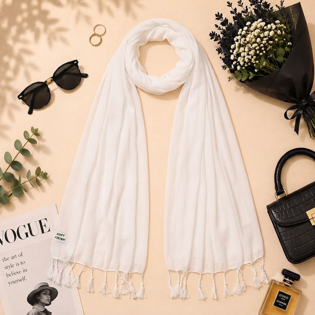 fabricium Solid Rayon Women White Scarf, Stole-picture-24