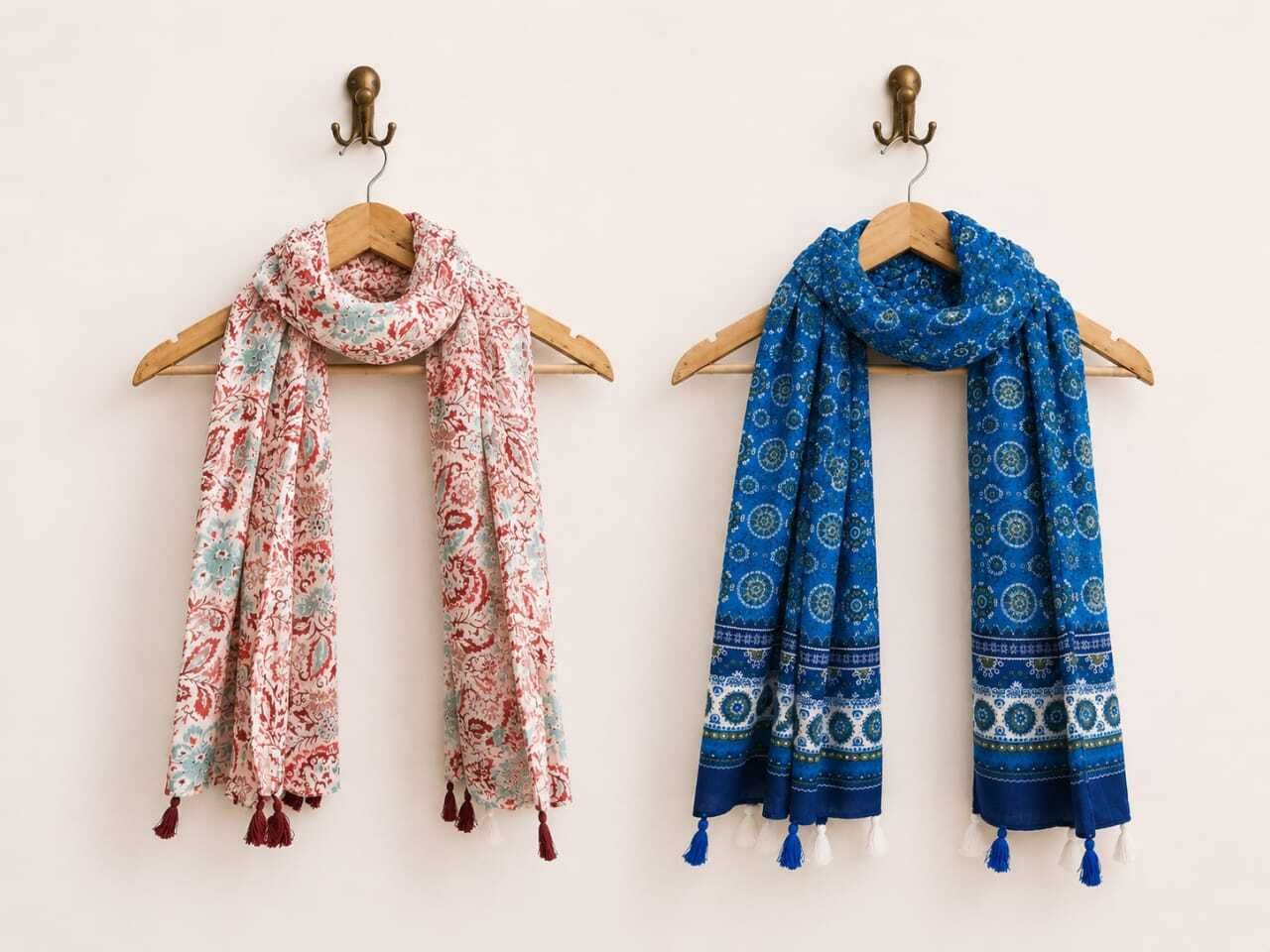 Floral Print, Geometric Print Pure Cotton Women Blue, Dark Blue, Red, White Fancy Scarf, Scarf, Stole, Faux Turtleneck Neck Cover-image-35