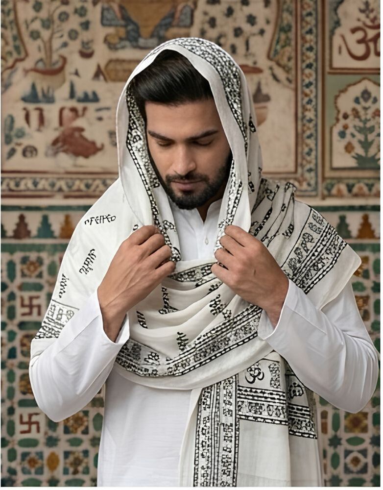 fabricium Printed, Self Design Pure Cotton Men White Scarf, Stole-picture-12