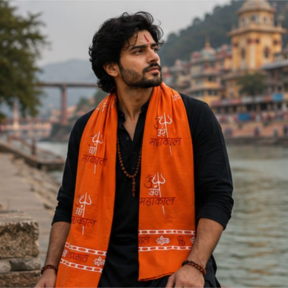 fabricium Printed, Self Design Pure Cotton Men Orange Scarf, Stole-picture-38