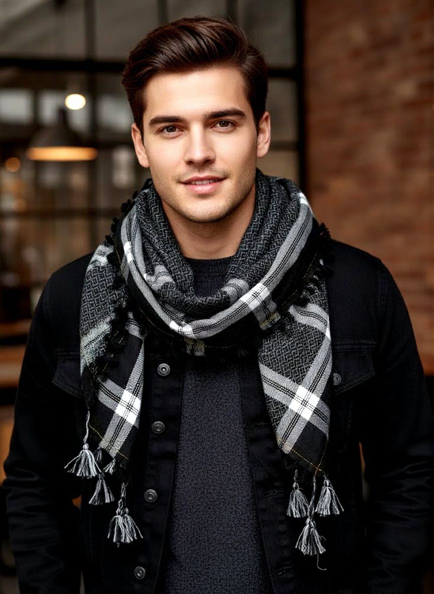Checkered Cotton Blend Men Black, White Fancy Scarf, Scarf, Bluetooth Scarf, Stole