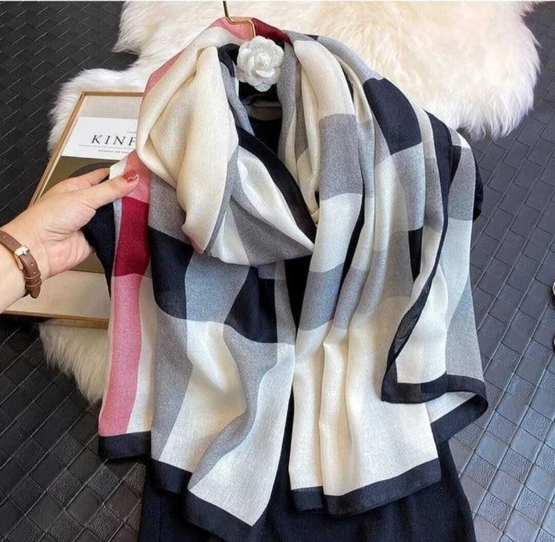 zahidandsons Printed, Checkered Viscose Women White Scarf, Fancy Scarf, Stole-picture-25
