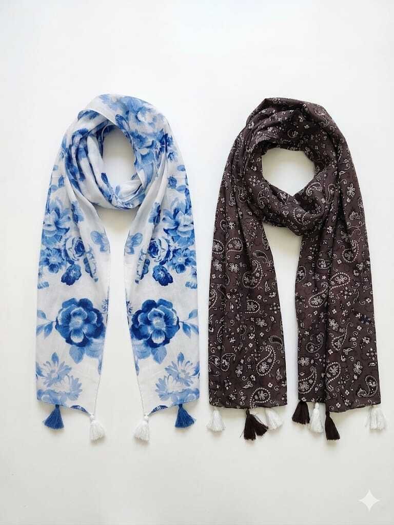 Floral Print, Geometric Print Pure Cotton Women Brown, White Stole, Scarf, Faux Turtleneck Neck Cover-image-48