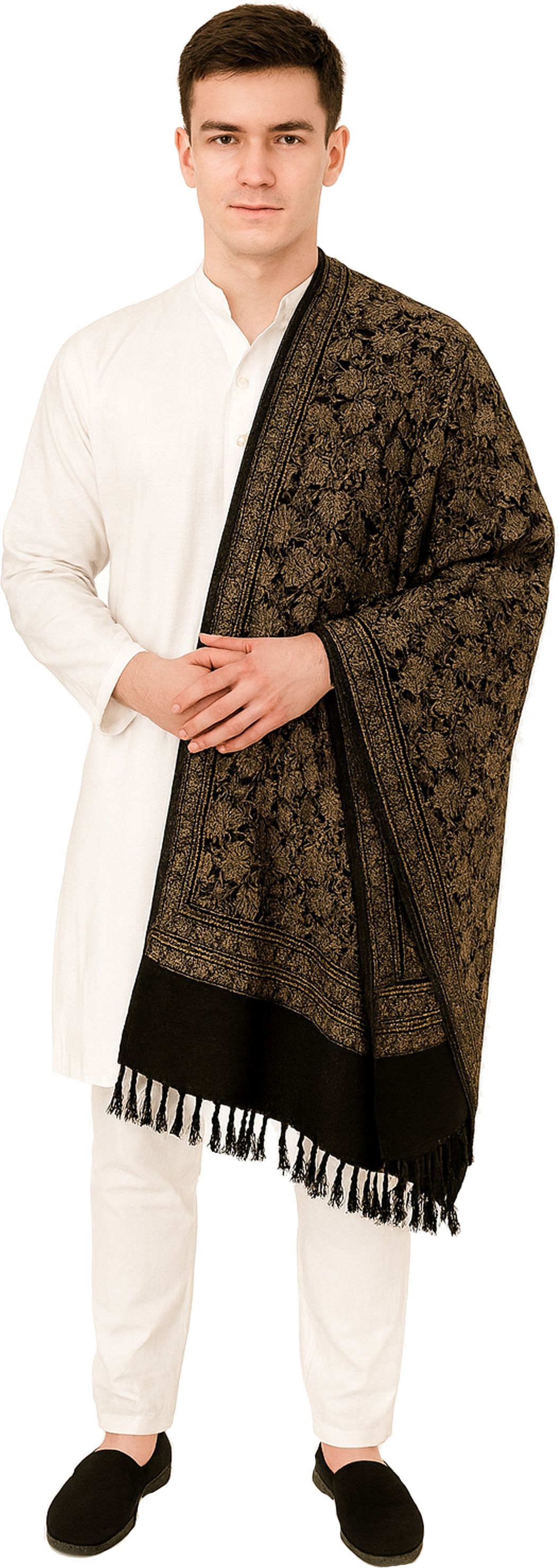Floral Print Wool Blend Men Black Stole-image-9