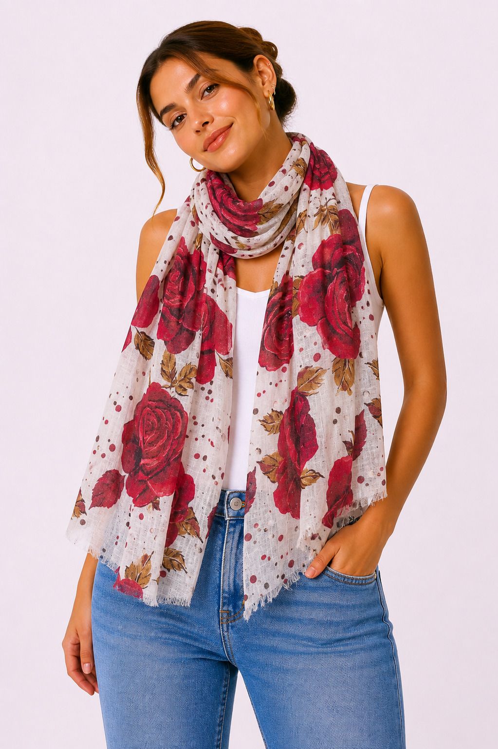 Floral Print Cotton Blend Women White Fancy Scarf, Scarf, Stole